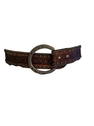 Double J Leather horseshoe buckle tooled leather belt