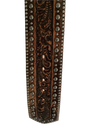 Double J Leather horseshoe buckle tooled leather belt