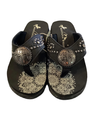 Mandala Laser-Cut Studs Wedge Flip Flops