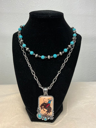 Wild Range Rider Western Turquoise & Silver Pearl Layered Necklace