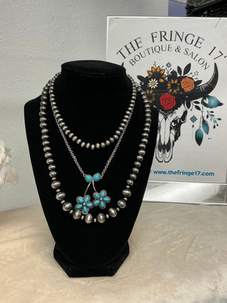 Turquoise Canyon Cherry Silver & Pearl Layered Necklace