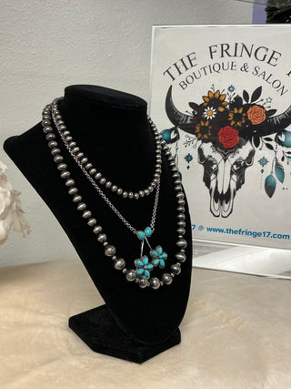 Turquoise Canyon Cherry Silver & Pearl Layered Necklace