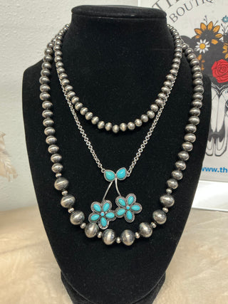 Turquoise Canyon Cherry Silver & Pearl Layered Necklace