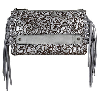 Silver Tooled Leather Clutch with Brown Wash & Suede Fringe