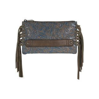 Washed Turquoise Tooled Clutch with Suede Fringe