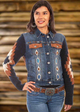Aztec Embroidered Denim Jacket — Sweater Sleeves & Western Style