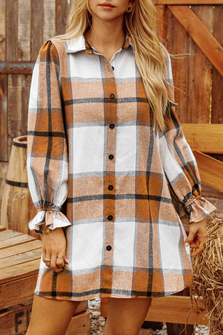 Plaid Collared Neck Ruffled Sleeve Shirt Dress