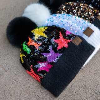 CC Sequin Fur Pom Beanie