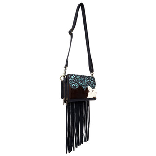 Leather Cowhide Fringed Women Clutch - Black Turqoise Floral