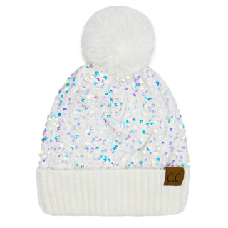 CC Sequin Fur Pom Beanie