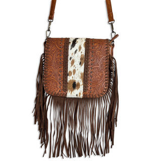 Brown Cowhide Western Crossbody Fringe Bag With Adjustable Strap For Kids Essentials