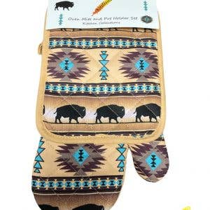 Oven Mitt & Pot Holder - Light Brown w/ Buffalo accents