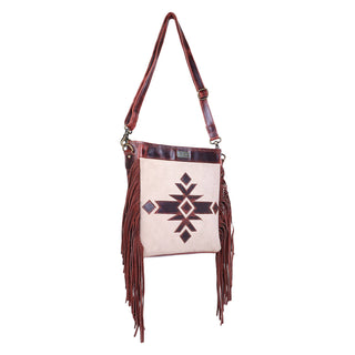 Leather  Fringed Women Crossbody - Rustic Cherry Stone Aztec