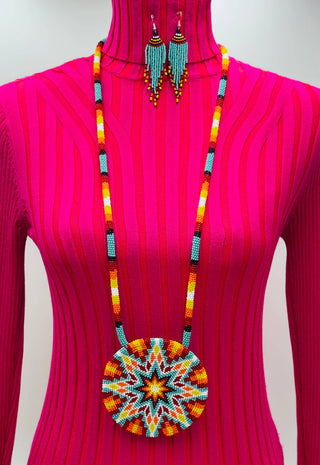 Sea Green Multi color Sunburst Beaded Pendant Necklace & Earrings Set
