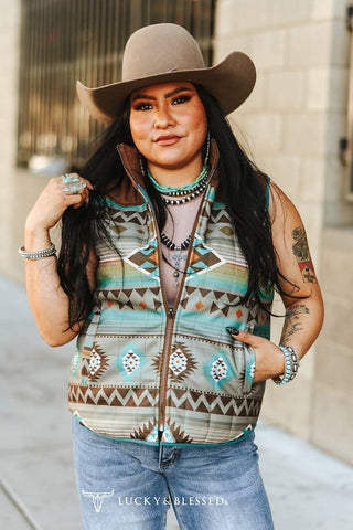 Turquoise Quilted Reversible Western Yoke Vest