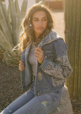 Ladies Denim with Aztec Fashion Jacket with Hood-L-25914