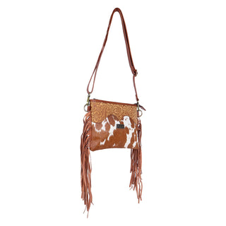 Leather Cowhide Fringed Women Sling - Tan White Floral