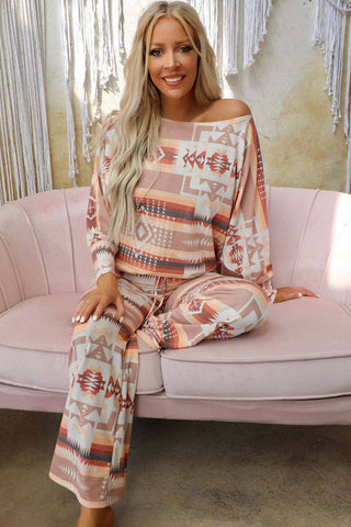 Multicolour Aztec Print Puff Sleeve Pullover and Pants Loung