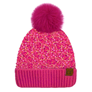 CC Sequin Fur Pom Beanie