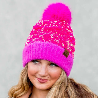 CC Sequin Fur Pom Beanie