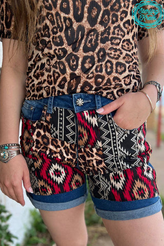 Patched Up Shorts – Leopard & Aztec Long Denim