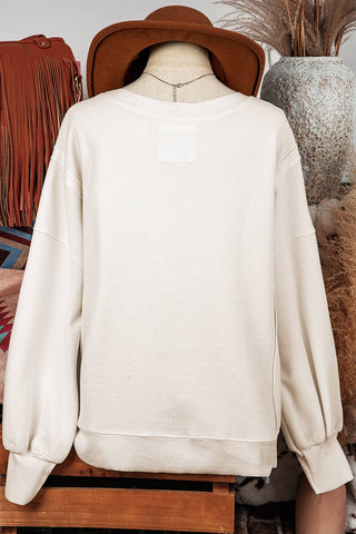 Waffle Knit Bishop Sleeve Split Oversized Sweatshirt