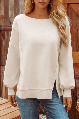 Waffle Knit Bishop Sleeve Split Oversized Sweatshirt