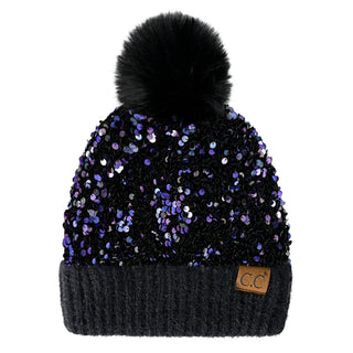 CC Sequin Fur Pom Beanie