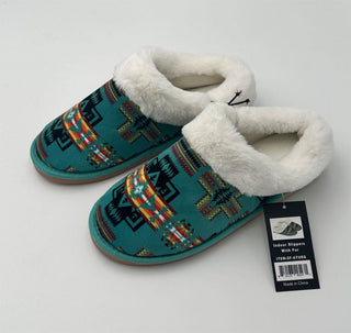 Fur Aztec Indoor Slippers - Turquoise