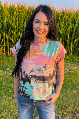 \ Western Buffalo Graphic Top | Watercolor Boho Tee