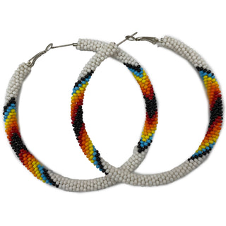 Native-Inspired Beaded Hoop Earrings, Czech Seed Beads 3-Inch White Fire Iridescent