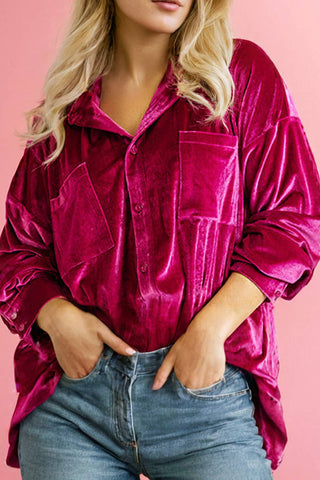 Plus Size Velvet Chest Pocket Drop Shoulder Shirt