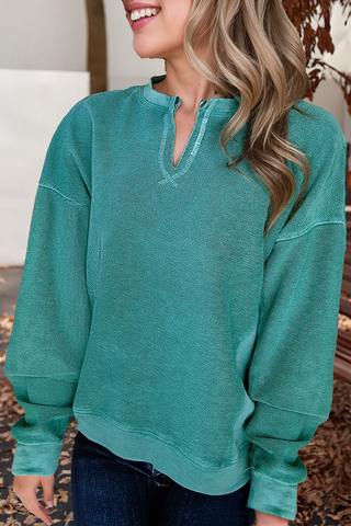 Casual Notched V Neck Long Sleeve Sweatshirt (S-2XL)