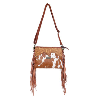 Leather Cowhide Fringed Women Sling - Tan White Floral