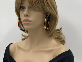 Black Fire Beaded Hoop Earrings, 3-Inch Czech Seed Beads, Native-Inspired Statement
