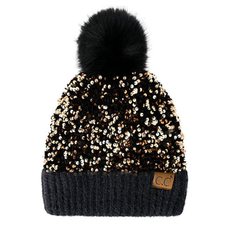 CC Sequin Fur Pom Beanie