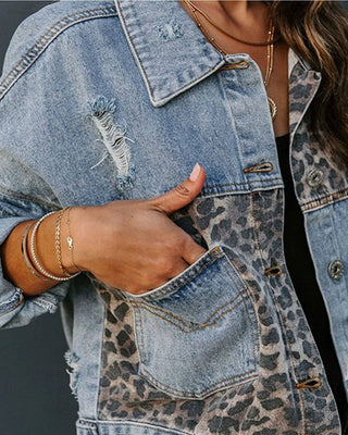 Women's Leopard Patchwork Denim Jacket – Short Western Street Style