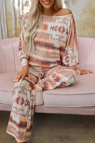 Multicolour Aztec Print Puff Sleeve Pullover and Pants Loung