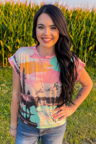 \ Western Buffalo Graphic Top | Watercolor Boho Tee