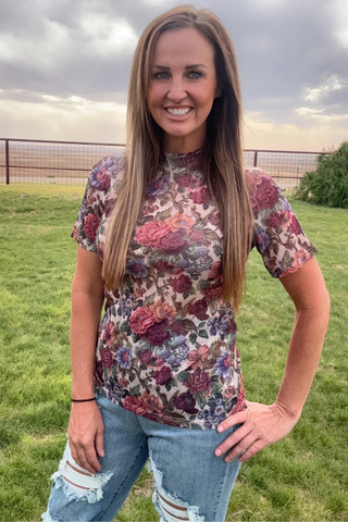 Western Vintage Floral Mesh Top — Short Sleeve Style