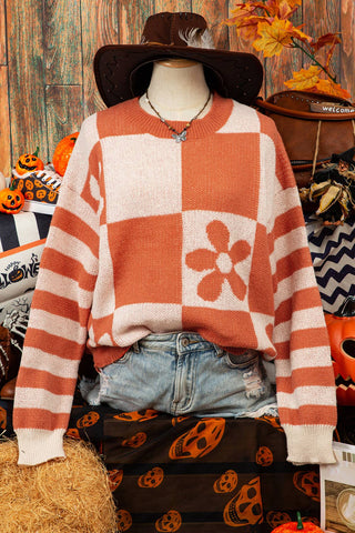 Halloween Checker Floral Stripe Sweater