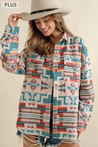 Blue B - 32147JPLUS - Jacquard Aztec Western Shirt Jacket PLUS: 2XL / BEIGE