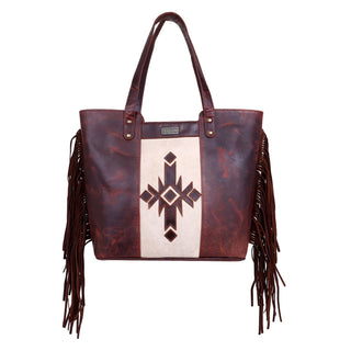 Leather Suede Fringed Women Tote - Rustic Cherry Stone Aztec