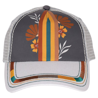 Eye-Catching Ladies Floral Stripe Trucker Cap With Retro Surfboard Graphic & Adjustable Fit