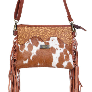 Leather Cowhide Fringed Women Sling - Tan White Floral