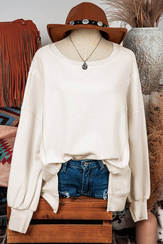 Waffle Knit Bishop Sleeve Split Oversized Sweatshirt