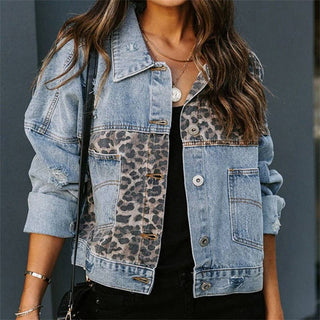 Women's Leopard Patchwork Denim Jacket – Short Western Street Style