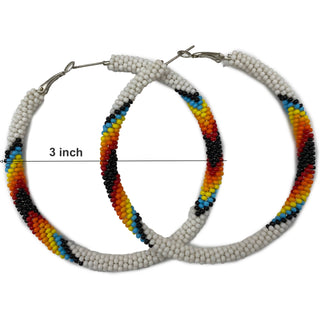 Native-Inspired Beaded Hoop Earrings, Czech Seed Beads 3-Inch White Fire Iridescent