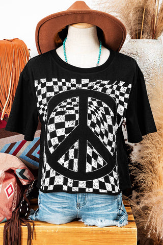 Fashion-W Checkerboard Peace Sign Printed Round Neck T Shirt