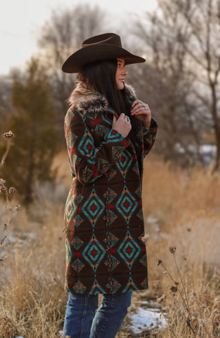 Ladies Long Aztec Jacket/ Coat with Removable Fur- L-25608